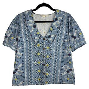 Anthropologie Sz M Blue Floral Geometric Blouse Scallop Collar Twee Schoolgirl‎